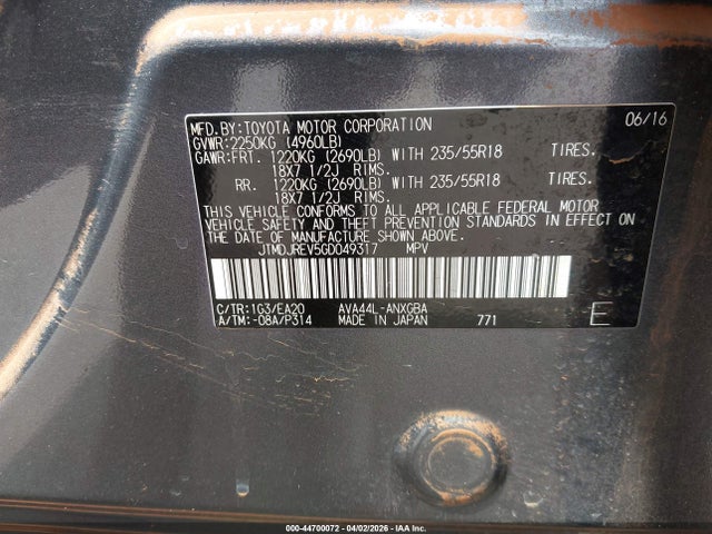 44700072 :رقم المزاد ، JTMDJREV5GD049317 vin ، 2016 Toyota Rav4 Hybrid Limited مزاد بيع