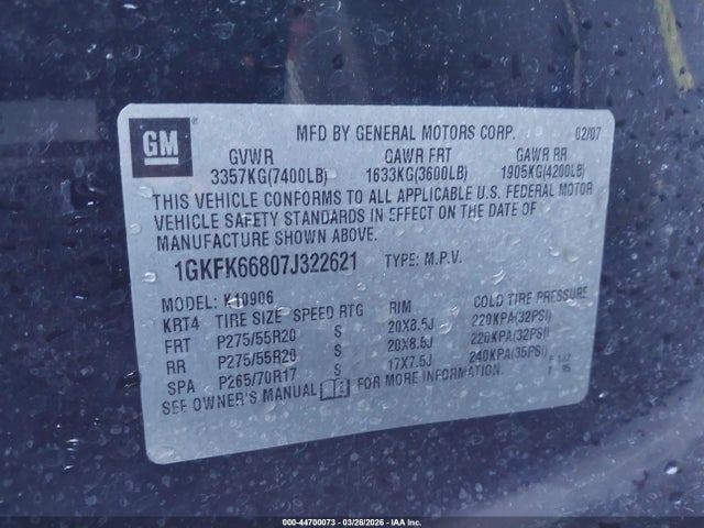 Auction sale of the 2007 Gmc Yukon Xl 1500 Denali, vin: 1GKFK66807J322621, lot number: 44700073
