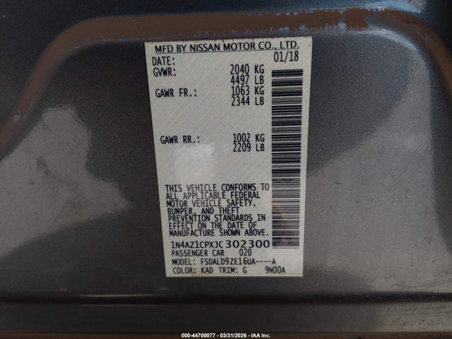 Продажа на аукционе авто 2018 Nissan Leaf Sv, vin: 1N4AZ1CPXJC302300, номер лота: 44700077