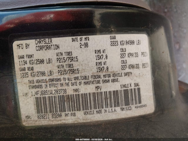 44700080 :رقم المزاد ، 1J4FJ68S1WL203738 vin ، 1998 Jeep Cherokee Classic/sport مزاد بيع