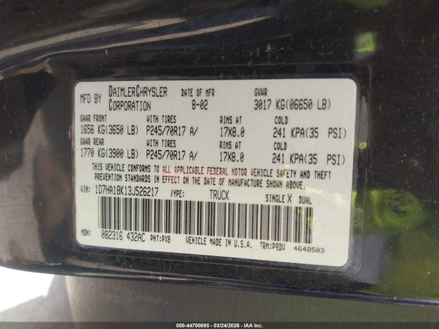 Aukcja sprzedaży 2003 Dodge Ram 1500 St, vin: 1D7HA18K13J526217, numer aukcji: 44700085