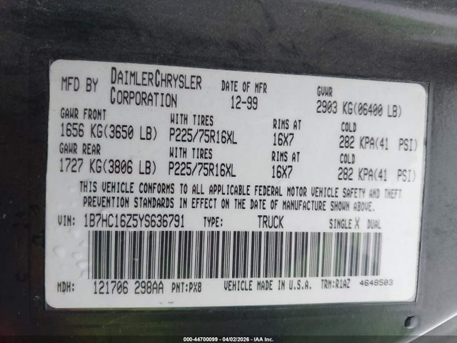 Auction sale of the 2000 Dodge Ram 1500 St, vin: 1B7HC16Z5YS636791, lot number: 44700099