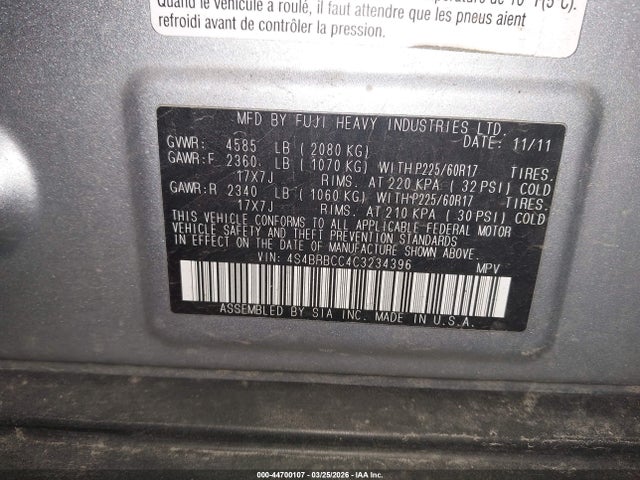 44700107 :رقم المزاد ، 4S4BRBCC4C3234396 vin ، 2012 Subaru Outback 2.5i Premium مزاد بيع
