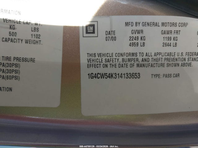 Aukcja sprzedaży 2001 Buick Park Avenue, vin: 1G4CW54K314133653, numer aukcji: 44700129