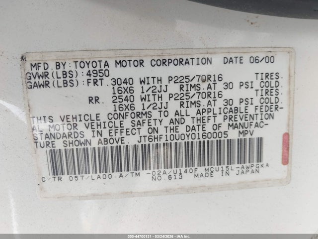 Auction sale of the 2000 Lexus Rx 300, vin: JT6HF10U0Y0160005, lot number: 44700131
