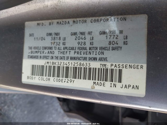 44700146 :رقم المزاد ، JM1BK323451258633 vin ، 2005 Mazda Mazda3 S مزاد بيع