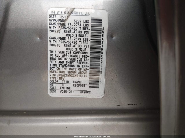 Продаж на аукціоні авто 2012 Nissan Murano Le, vin: JN8AZ1MWXCW215115, номер лоту: 44700164