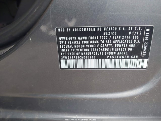 Aukcja sprzedaży 2012 Volkswagen Jetta 2.0l S, vin: 3VW2K7AJ8CM367892, numer aukcji: 44700186