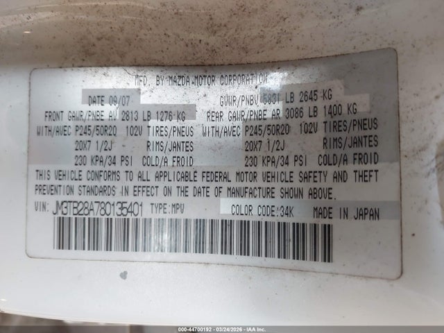 44700192 :رقم المزاد ، JM3TB28A780135401 vin ، 2008 Mazda Cx-9 Grand Touring مزاد بيع