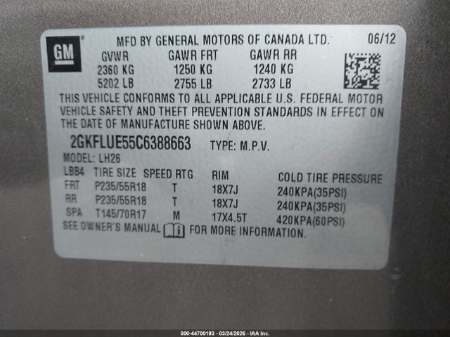 Aukcja sprzedaży 2012 Gmc Terrain Slt-1, vin: 2GKFLUE55C6388663, numer aukcji: 44700193