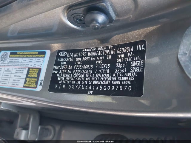 Aukcja sprzedaży 2011 Kia Sorento Ex, vin: 5XYKU4A1XBG097670, numer aukcji: 44700204