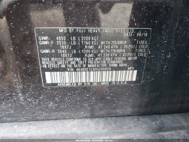 44700236 :رقم المزاد ، 4S4BSETC6H3200828 vin ، 2017 Subaru Outback 3.6r Touring مزاد بيع
