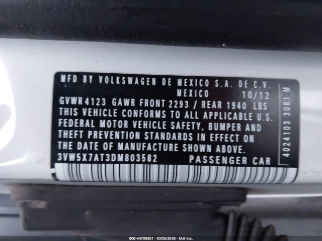 Продаж на аукціоні авто 2013 Volkswagen Beetle 2.5l, vin: 3VW5X7AT3DM803582, номер лоту: 44700251