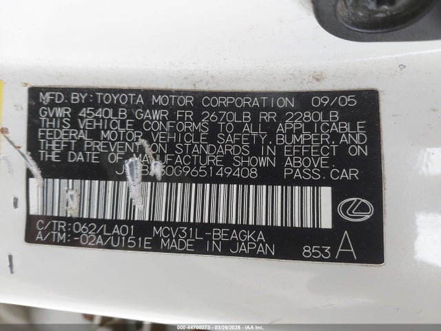 Aukcja sprzedaży 2006 Lexus Es 330, vin: JTHBA30G965149408, numer aukcji: 44700273