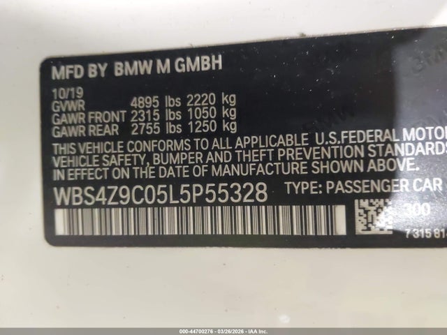 Aukcja sprzedaży 2020 Bmw M4, vin: WBS4Z9C05L5P55328, numer aukcji: 44700276