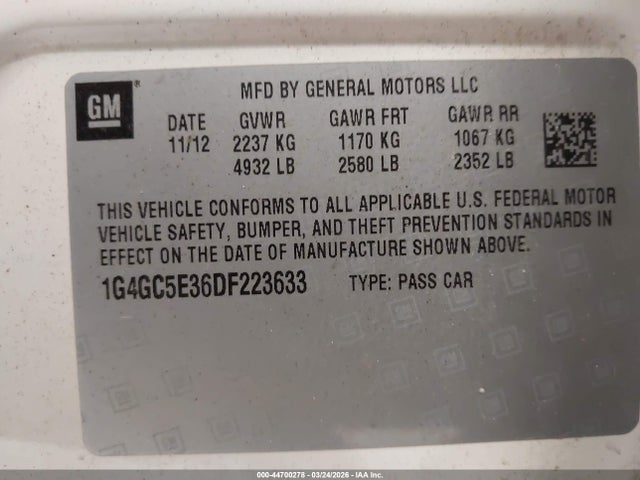 44700278 :رقم المزاد ، 1G4GC5E36DF223633 vin ، 2013 Buick Lacrosse Leather Group مزاد بيع