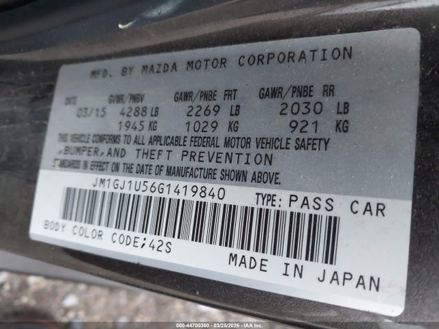 44700360 :رقم المزاد ، JM1GJ1U56G1419840 vin ، 2016 Mazda Mazda6 I Sport مزاد بيع