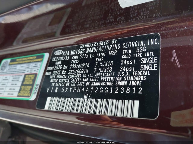 2016 Kia Sorento 2.0t Ex მანქანა იყიდება აუქციონზე, vin: 5XYPH4A12GG123812, აუქციონის ნომერი: 44700382