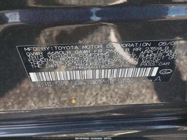 Aukcja sprzedaży 2008 Lexus Es 350, vin: JTHBJ46G182255496, numer aukcji: 44700392
