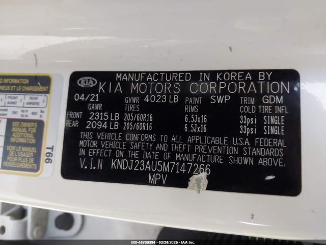 Aukcja sprzedaży 2021 Kia Soul Lx, vin: KNDJ23AU5M7147266, numer aukcji: 44700394