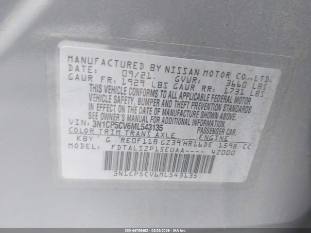 Продажа на аукционе авто 2021 Nissan Kicks Sv Xtronic Cvt, vin: 3N1CP5CV6ML543135, номер лота: 44700402