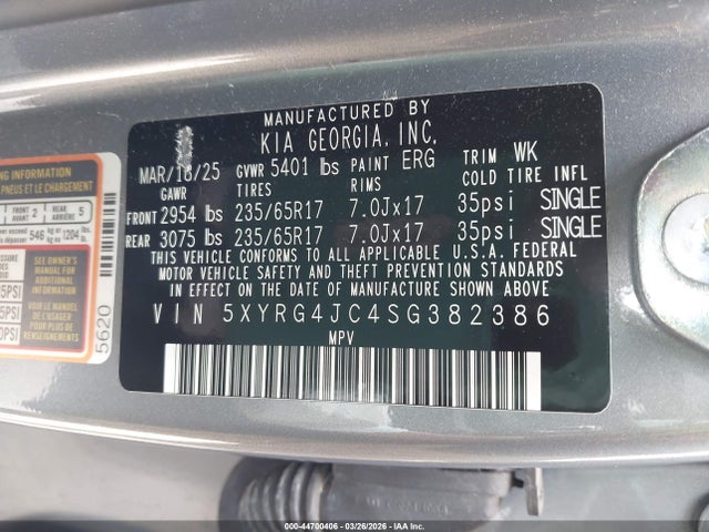 2025 Kia Sorento Lx მანქანა იყიდება აუქციონზე, vin: 5XYRG4JC4SG382386, აუქციონის ნომერი: 44700406