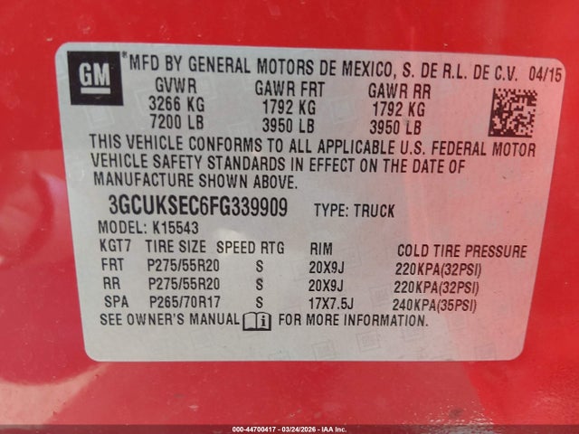 44700417 :رقم المزاد ، 3GCUKSEC6FG339909 vin ، 2015 Chevrolet Silverado 1500 1lz مزاد بيع