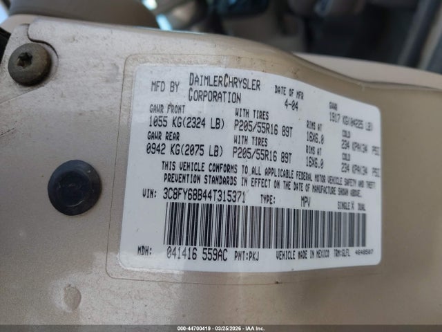 44700419 :رقم المزاد ، 3C8FY68B44T315371 vin ، 2004 Chrysler Pt Cruiser Limited مزاد بيع