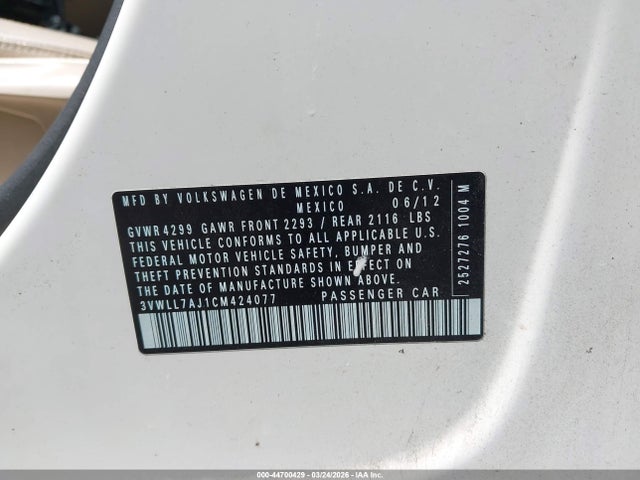 44700429 :رقم المزاد ، 3VWLL7AJ1CM424077 vin ، 2012 Volkswagen Jetta 2.0l Tdi مزاد بيع