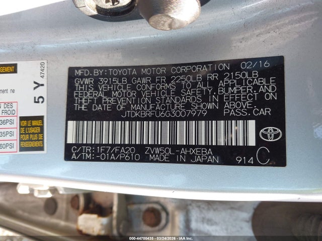 44700435 :رقم المزاد ، JTDKBRFU6G3007979 vin ، 2016 Toyota Prius Two مزاد بيع