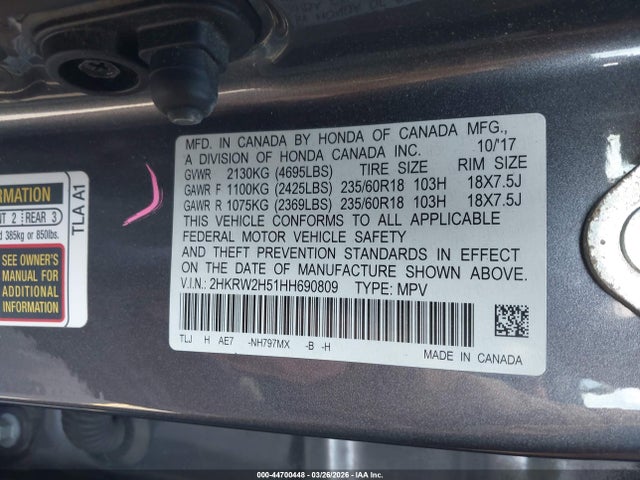 Aukcja sprzedaży 2017 Honda Cr-v Ex, vin: 2HKRW2H51HH690809, numer aukcji: 44700448