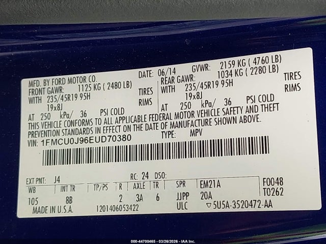 Aukcja sprzedaży 2014 Ford Escape Titanium, vin: 1FMCU0J96EUD70380, numer aukcji: 44700465