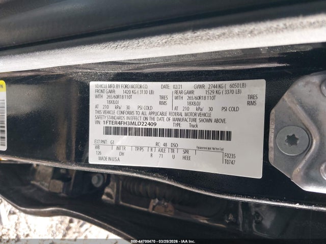Aukcja sprzedaży 2021 Ford Ranger Lariat, vin: 1FTER4FH3MLD22409, numer aukcji: 44700470