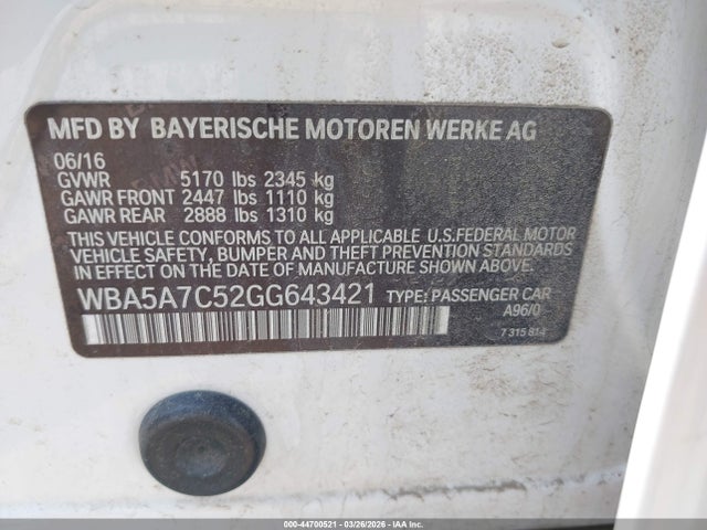 Aukcja sprzedaży 2016 Bmw 528i Xdrive, vin: WBA5A7C52GG643421, numer aukcji: 44700521