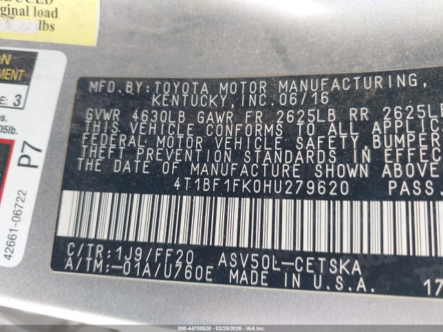Aukcja sprzedaży 2017 Toyota Camry Se, vin: 4T1BF1FK0HU279620, numer aukcji: 44700528