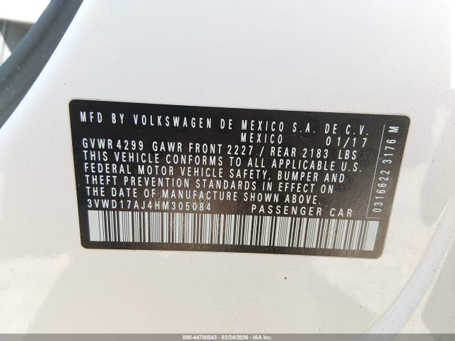 Продаж на аукціоні авто 2017 Volkswagen Jetta 1.8t Sport, vin: 3VWD17AJ4HM305084, номер лоту: 44700543
