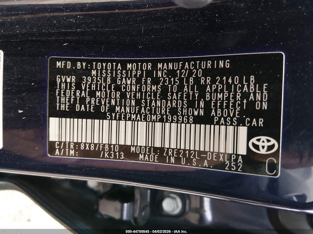 44700545 :رقم المزاد ، 5YFEPMAE0MP199968 vin ، 2021 Toyota Corolla Le مزاد بيع