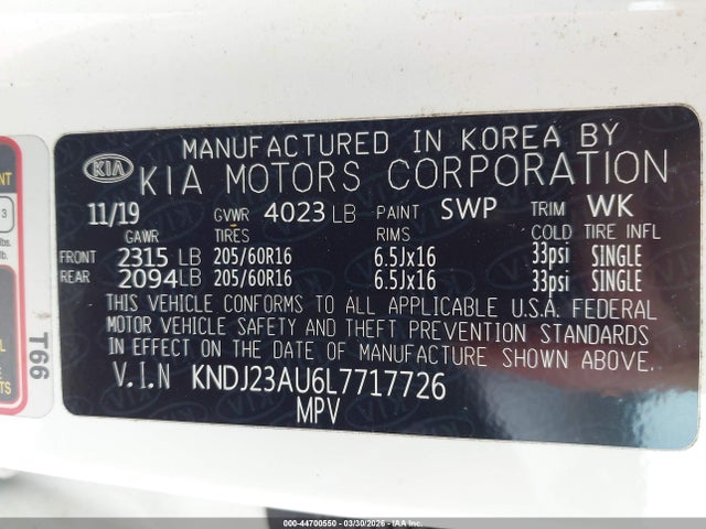 2020 Kia Soul Lx მანქანა იყიდება აუქციონზე, vin: KNDJ23AU6L7717726, აუქციონის ნომერი: 44700550