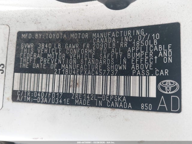 Aukcja sprzedaży 2010 Toyota Corolla S, vin: 2T1BU4EEXAC457737, numer aukcji: 44700561