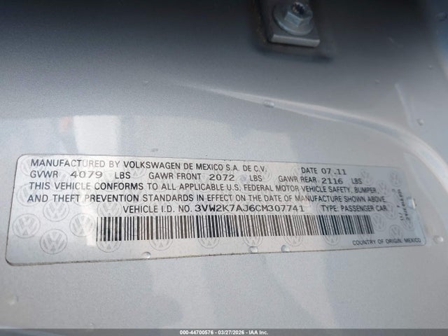44700576 :رقم المزاد ، 3VW2K7AJ6CM307741 vin ، 2012 Volkswagen Jetta 2.0l S مزاد بيع