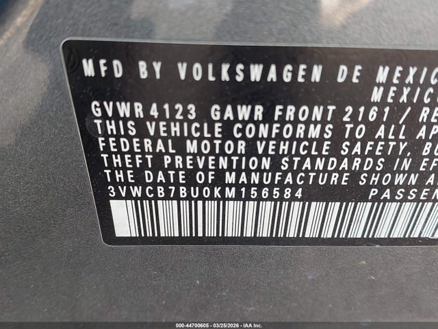 Aukcja sprzedaży 2019 Volkswagen Jetta 1.4t R-line/1.4t S/1.4t Se, vin: 3VWCB7BU0KM156584, numer aukcji: 44700605