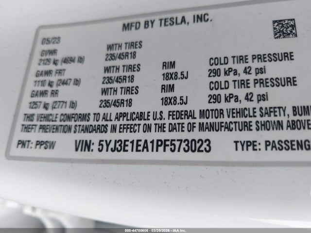 Aukcja sprzedaży 2023 Tesla Model 3 Rear-wheel Drive, vin: 5YJ3E1EA1PF573023, numer aukcji: 44700606