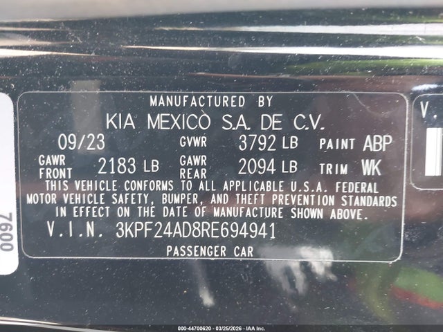 44700620 :رقم المزاد ، 3KPF24AD8RE694941 vin ، 2024 Kia Forte Lx مزاد بيع