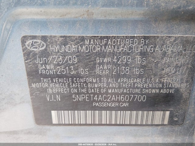 Aukcja sprzedaży 2010 Hyundai Sonata Gls, vin: 5NPET4AC2AH607700, numer aukcji: 44700635