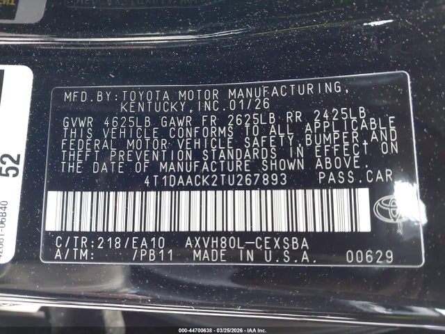 Продаж на аукціоні авто 2026 Toyota Camry Se, vin: 4T1DAACK2TU267893, номер лоту: 44700638