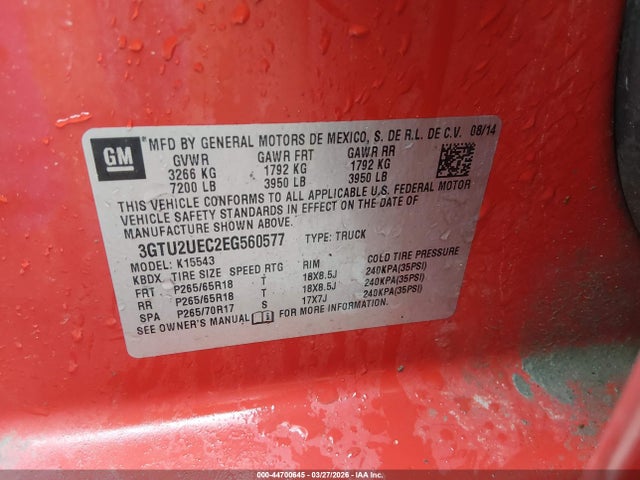 Продажа на аукционе авто 2014 Gmc Sierra 1500 Sle, vin: 3GTU2UEC2EG560577, номер лота: 44700645