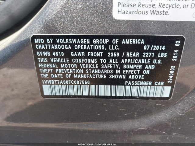 2015 VOLKSWAGEN PASSAT 1VWBT7A36FC007556 Photo 8
