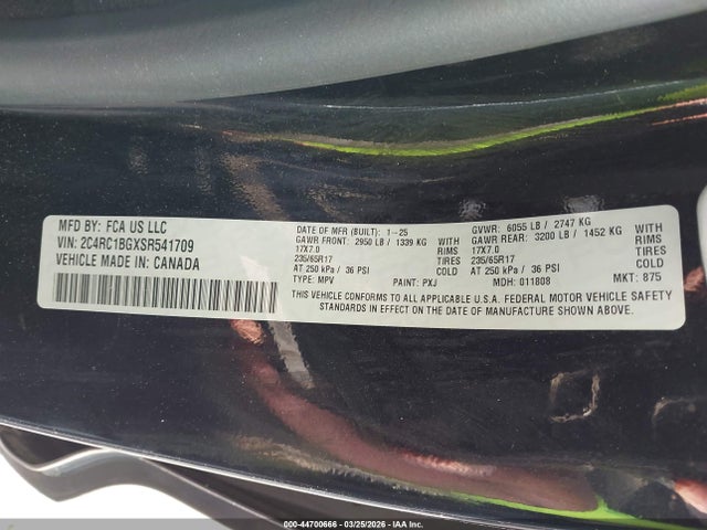 Продажа на аукционе авто 2025 Chrysler Pacifica Select, vin: 2C4RC1BGXSR541709, номер лота: 44700666