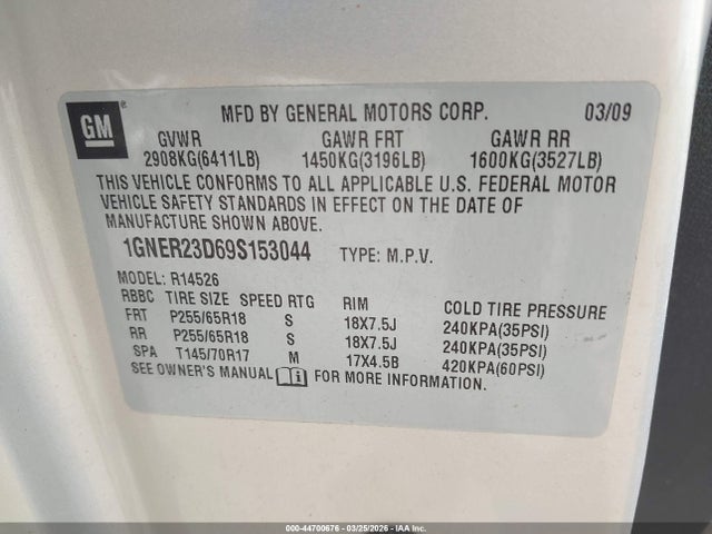 Aukcja sprzedaży 2009 Chevrolet Traverse Lt, vin: 1GNER23D69S153044, numer aukcji: 44700676