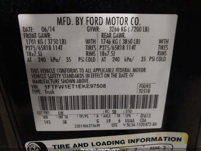 2014 Ford F-150 Fx4 მანქანა იყიდება აუქციონზე, vin: 1FTFW1ET1EKE97508, აუქციონის ნომერი: 44700678